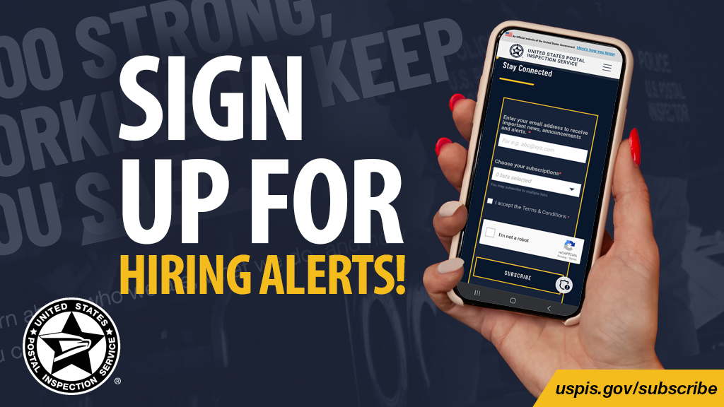 USPIS_HQ's tweet photo. Are you interested in starting a career with the U.S. Postal Inspection Service? Sign up for real-time hiring alerts! You don't want to miss it. 
 
Sign up here: https://t.co/T3ktZOpzPy https://t.co/rSYMr1NoQZ