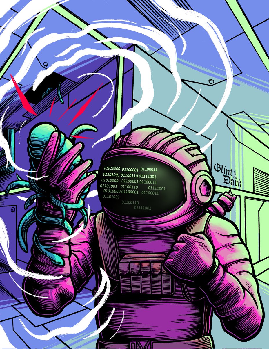 Bereft of a Lifeline, Part 5.  You attempt to wrench the creature from your hand, but are stopped by a voice in your head.  It shows you a glimpse of the future, one in which you can survive and return home.  But to see it, you must relent control...
#procreate #writing #art