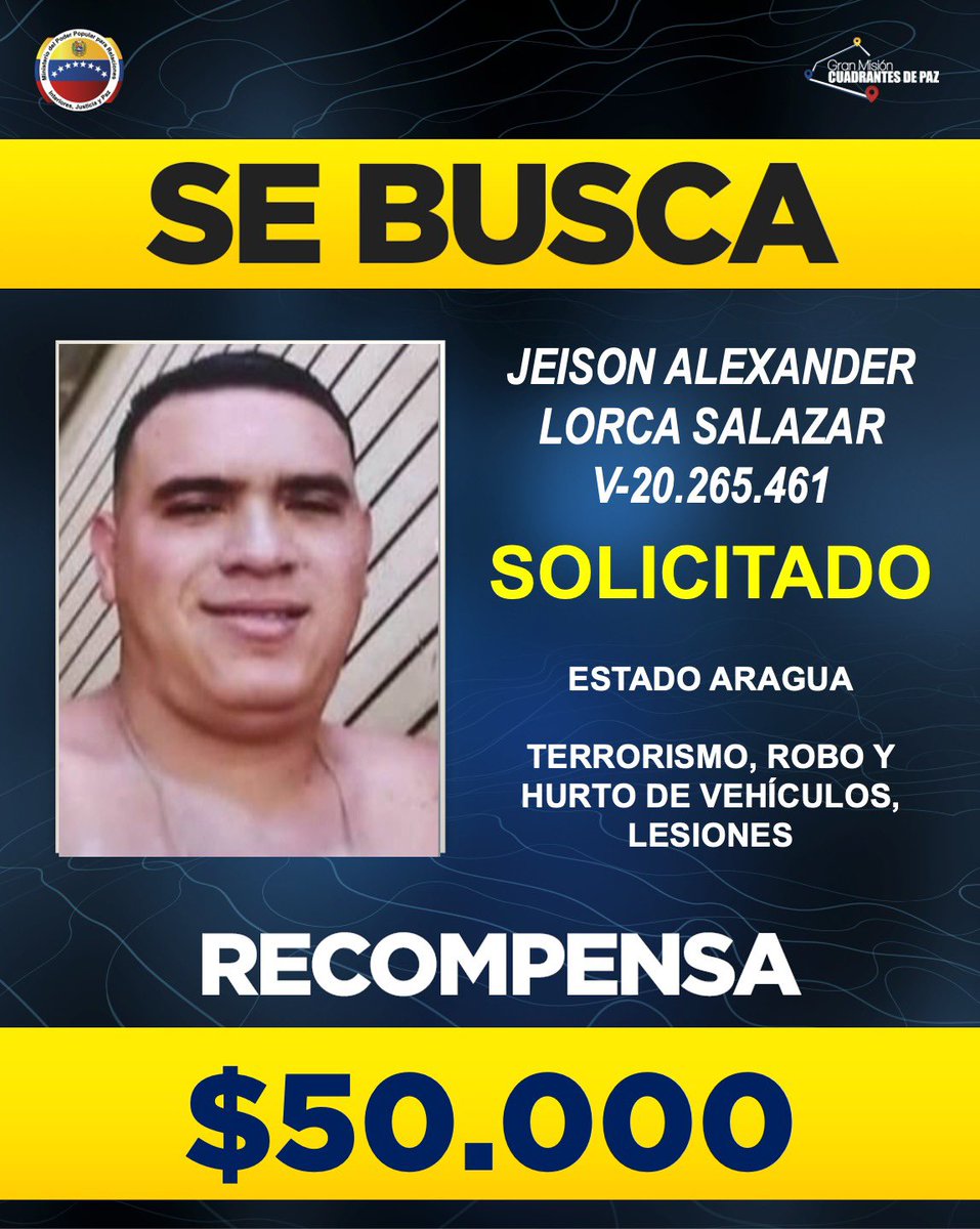 ⚠️ATENCIÓN || Por su participación en múltiples delitos contra las personas, la propiedad y la tranquilidad del pueblo, los órganos de seguridad buscan a Jeison Alexander Lorca Salazar.

El combate contra la delincuencia es un compromiso para garantizar la paz.
#NicoLeEchaPichón