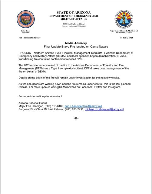 CoconinoNF's tweet photo. Final Update on Bravo Fire:
Transitioning fire control had begun as containment reached 82%.
The IMT transferred command of the fire to the Arizona Department of Forestry and Fire
Management (DFFM) as a Type 4 complexity incident. DFFM takes over management of the
fire on behalf of DEMA.