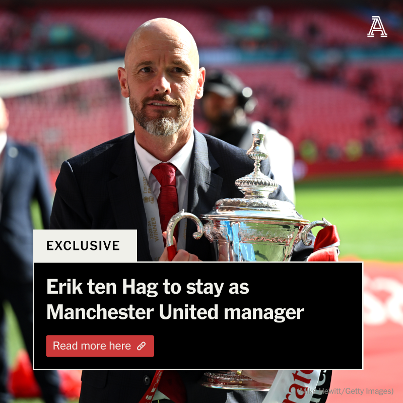 TheAthleticFC's tweet photo. Erik ten Hag will stay as Manchester United manager after the club’s end-of-season review culminated in a decision to keep the Dutchman — and he has agreed to remain at Old Trafford.

#MUFC

Exclusive story from @David_Ornstein here ⬇️