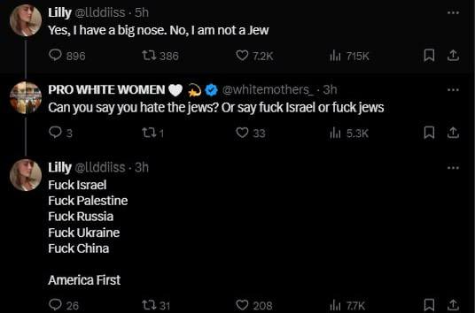 AFpost's tweet photo. X user Lilly (@llddiiss) is going viral on X and TikTok for calling Jewish influence on politics “gay," unapologetically using the N-word and saying she’s America First.

She’s since thanked “the black community” for launching her “new career in conservative media.”

Follow: @AFpost