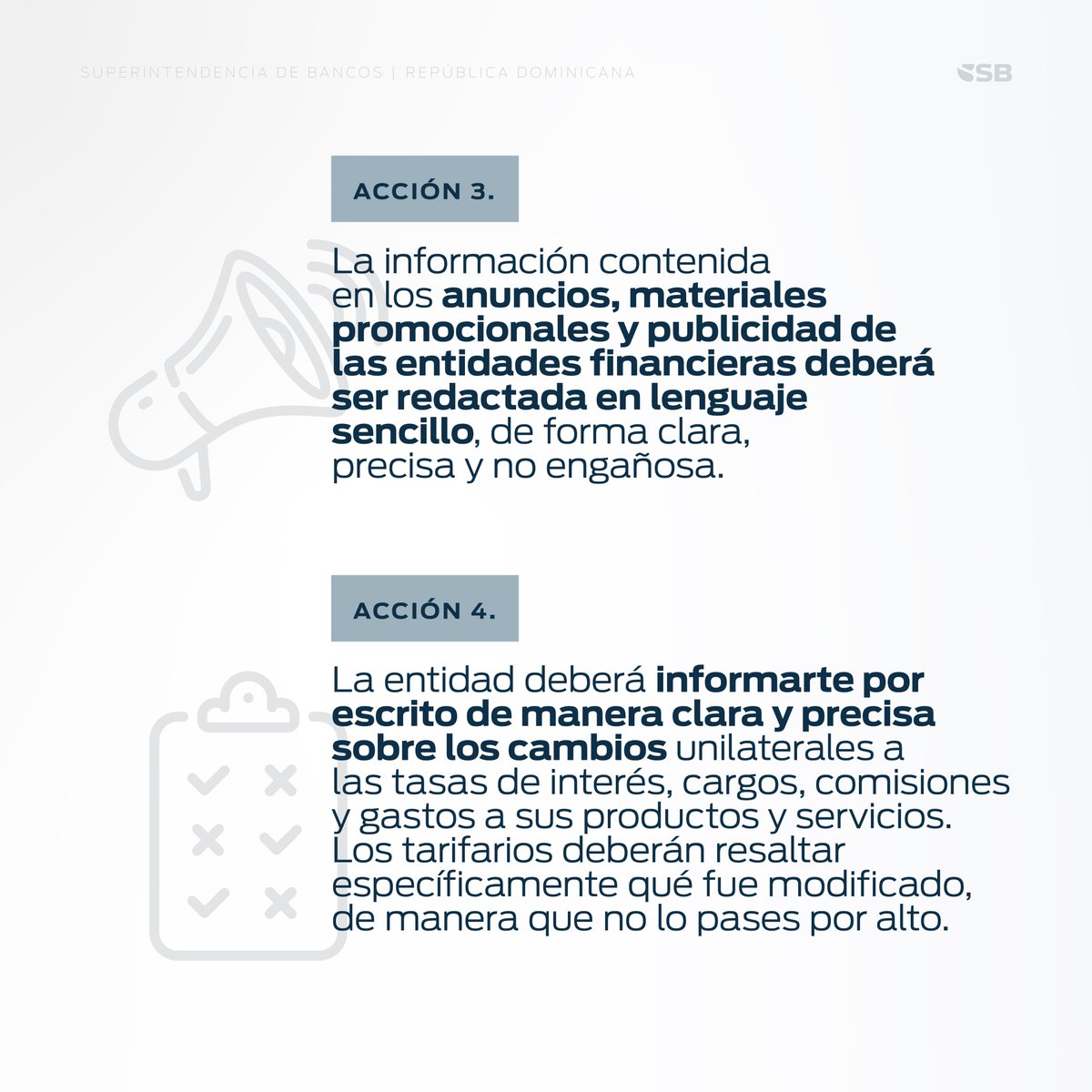 SuperdeBancosRD's tweet photo. Las entidades de intermediación financiera deberán seguir una serie de estipulaciones de la SB para proteger a las usuarias y los usuarios financieros que entrarán en vigencia dentro de seis meses. 

Estas están contenidas en la Circular SB: CSB-REG-202400007. Toma nota de alguno de los puntos más relevantes. #CircularSB #ProUsuarioRD
