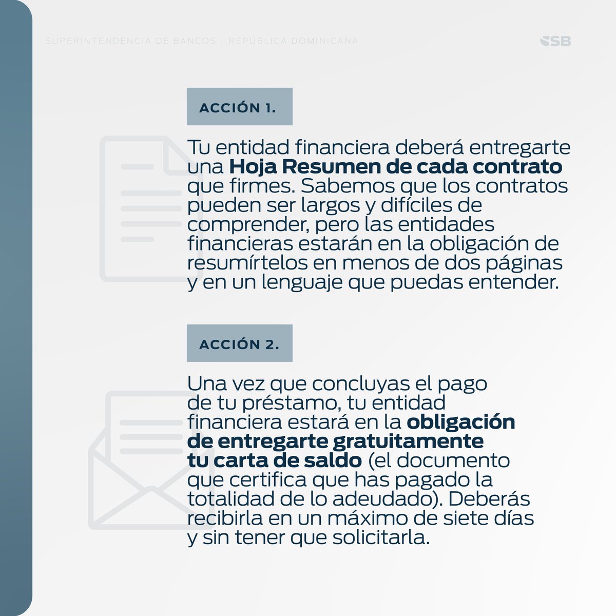 SuperdeBancosRD's tweet photo. Las entidades de intermediación financiera deberán seguir una serie de estipulaciones de la SB para proteger a las usuarias y los usuarios financieros que entrarán en vigencia dentro de seis meses. 

Estas están contenidas en la Circular SB: CSB-REG-202400007. Toma nota de alguno de los puntos más relevantes. #CircularSB #ProUsuarioRD
