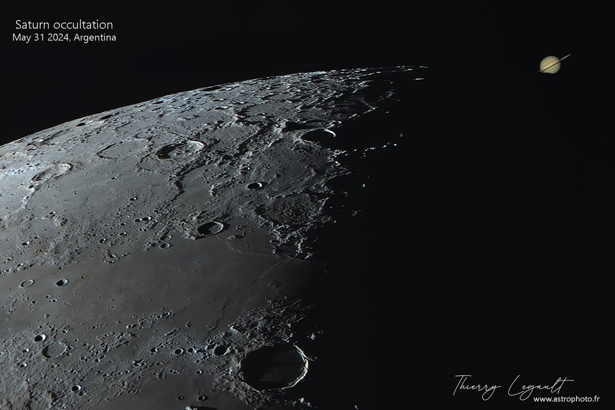 ThierryLegault's tweet image. The May 31 occultation of Saturn from NE Argentina: genuine, as visible through the C8. No photomontage, no AI! 馃槉
The turbulence was high but the sky was clear to show Saturn partly disappearing behind the dark part of the Moon (grazing occultation)
Image 2/2: during occultation