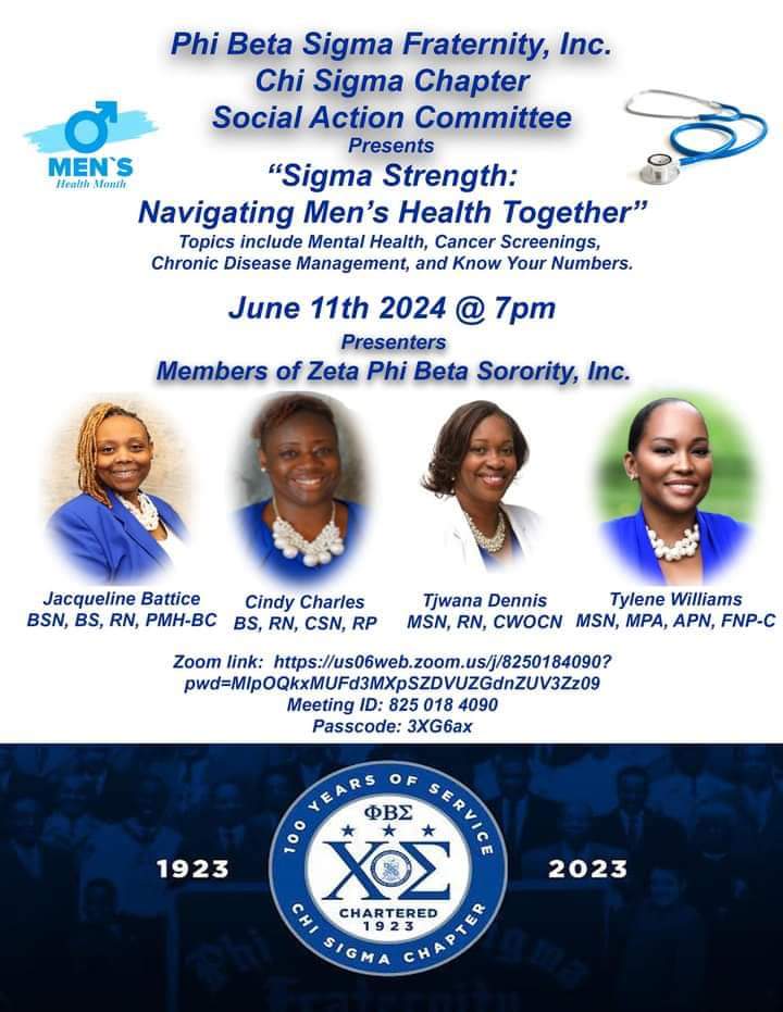OmegaMuZeta1920's tweet photo. Happening Tonight! Join Our Sorors Of Omega Mu Zeta As They Present On Navigating Mens Health Together For Our Brothers of Phi Beta Sigma Fraternity,  Inc. Chi Sigma Chapter!

See Flyer For Zoom Details 💻 https://t.co/IYL0BJRLFR