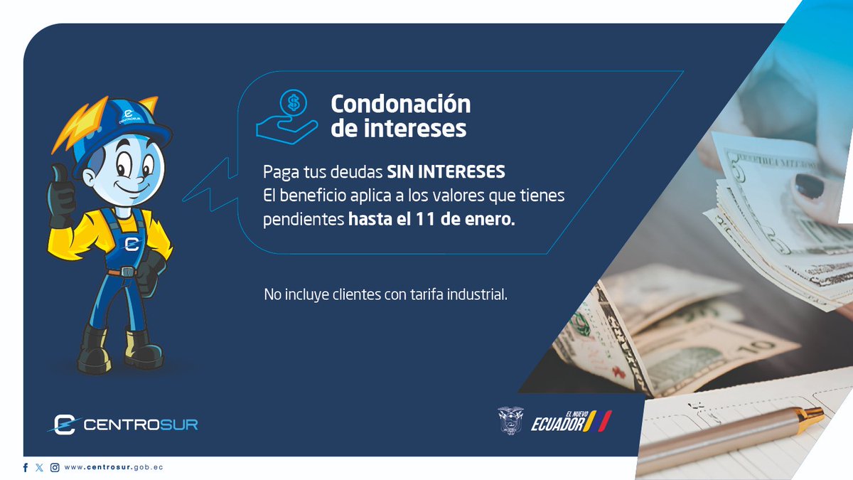 centrosurec's tweet photo. 📍Paga tus deudas sin intereses

Accede a este beneficio, cancela los valores que tengas vencidos hasta el 11 de enero de 2024 y te condonamos el 100 % de los intereses.

👀Recuerda, debes hacerlo hasta el 30 de junio. https://t.co/nX6ImeIi2y