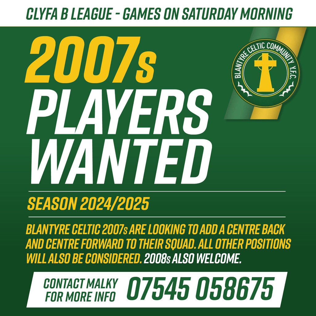 Our 2007’s team are looking to add an experienced Centre Back and Centre Forward for Season 2024/25.
All other positions will be considered. 
If you are 2007 or 2008 looking for a new challenge or more game time then please get in touch through DM or the number below ⚽️