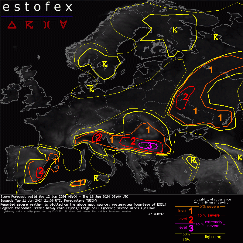 Active severe weather pattern continues over Europe! The highest severe weather risk is forecast in a belt from Serbia through S Romania and N Bulgaria with risks of very large hail and extremely severe wind gusts. Read more at estofex.org