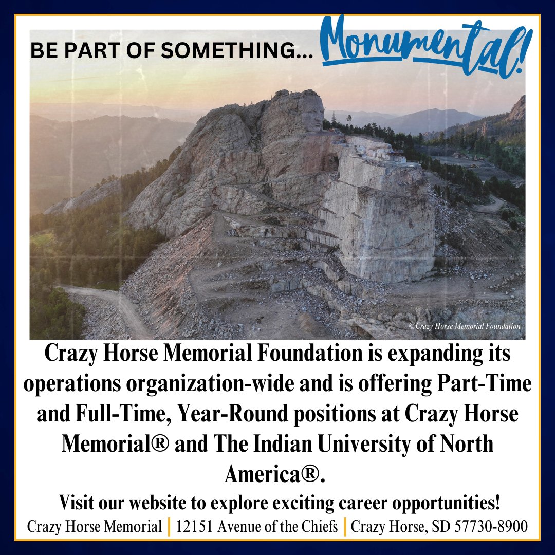 Crazy Horse Memorial Foundation is currently #hiring for the following: Security Officer, Administrative Assistant, Executive Secretary, Gift Officer, Manager of Development Programming, &amp; Development Administrative Assistant I.  Apply online at: crazyhorsememorial.org/dream/employme…