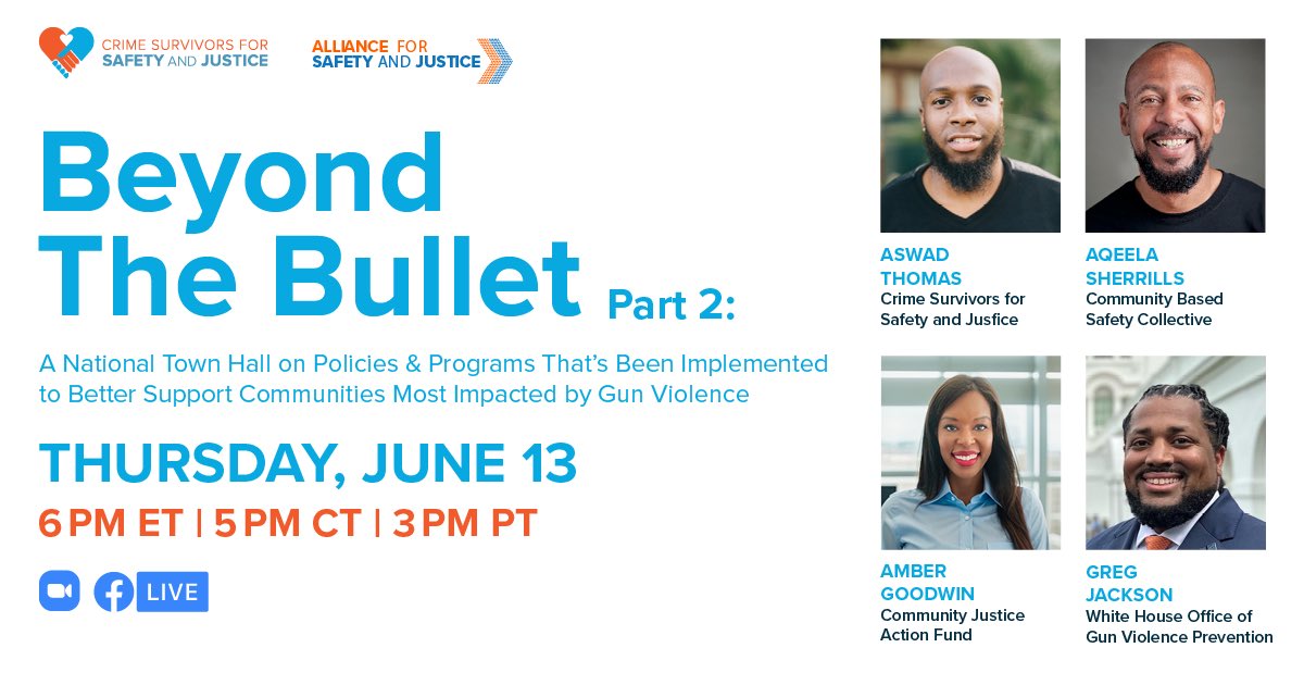 Join us Thursday @ 6PM EST for “Beyond the Bullet Part 2: A National Town Hall on Policies &amp; Programs to Better Support Communities”, hosted by @safeandjustusa and @cssjustice! 

For more information, and to register for the event, click here: bit.ly/3XjpPiY