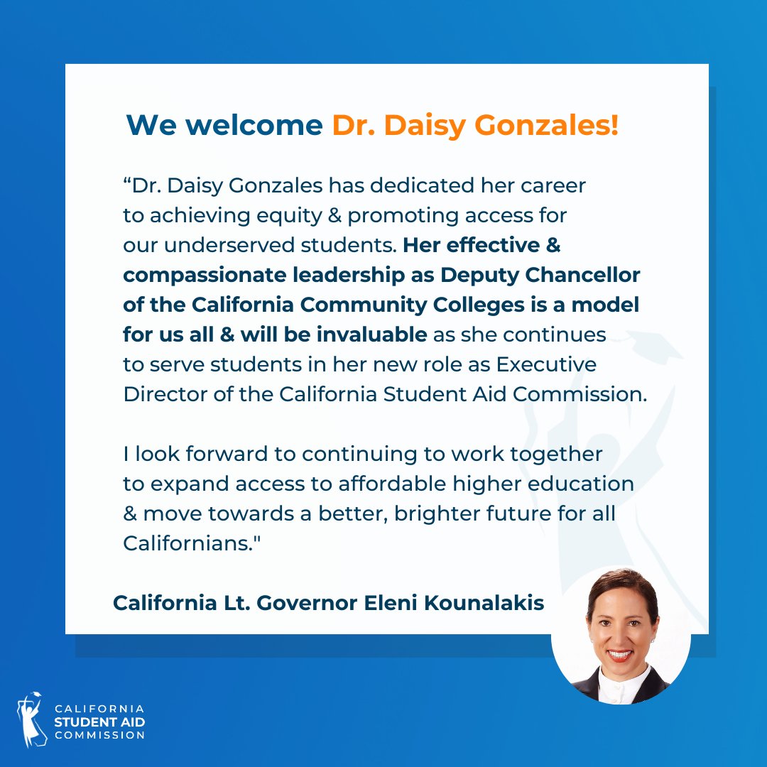 Read what our elected officials have to say about our new Executive Director, Dr. Daisy Gonzales! <a href="/CAgovernor/">Governor Gavin Newsom</a> <a href="/SenAlexPadilla/">Senator Alex Padilla</a> <a href="/CALtGovernor/">Lieutenant Governor Eleni Kounalakis</a>