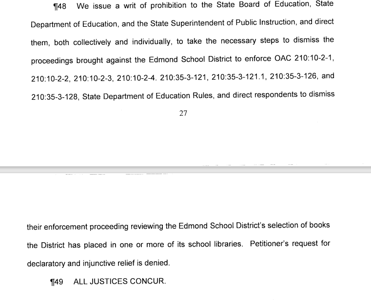 #BREAKING - That state supreme court has issued a unanimous opinion in the case of Edmond Schools vs. OSDE in reference to local control over what is in school libraries. They sided with Edmond Schools. See below. <a href="/kfor/">KFOR</a>