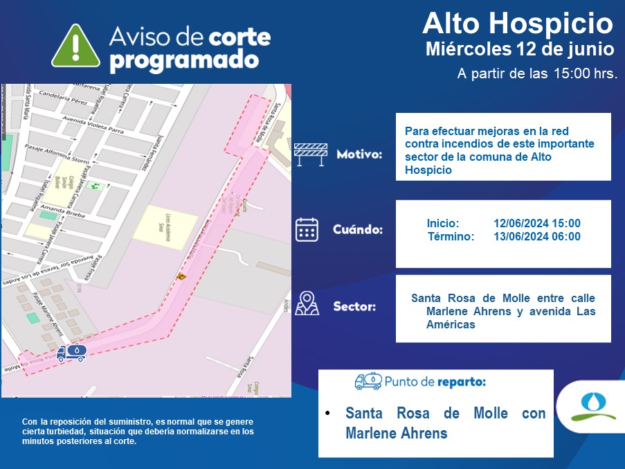 aguasaltiplano's tweet photo. #AltoHospicio, por obras de mejoramiento, el 12 de Junio se realizará un corte programado desde las 15:00 hrs hasta las 6:00 hrs de la jornada siguiente. Sector comprendido: Santa Rosa De Molle, Marlene Ahrens, Las Américas. https://t.co/lVMhXQRQ3I