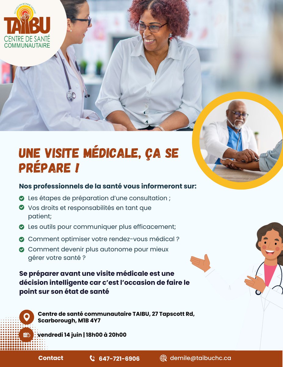 darling_emile's tweet photo. Soyez des nôtres le vendredi 14 juin à 18h00 pour s'informer : Comment tirer le maximum de votre prochain rendez-vous médical @TAIBU_CHC @Entite4 #il est important de jouer un rôle actif dans sa santé. 
#se preparer pour  profiter d'une rencontre efficace . https://t.co/CdZf6CTKBi