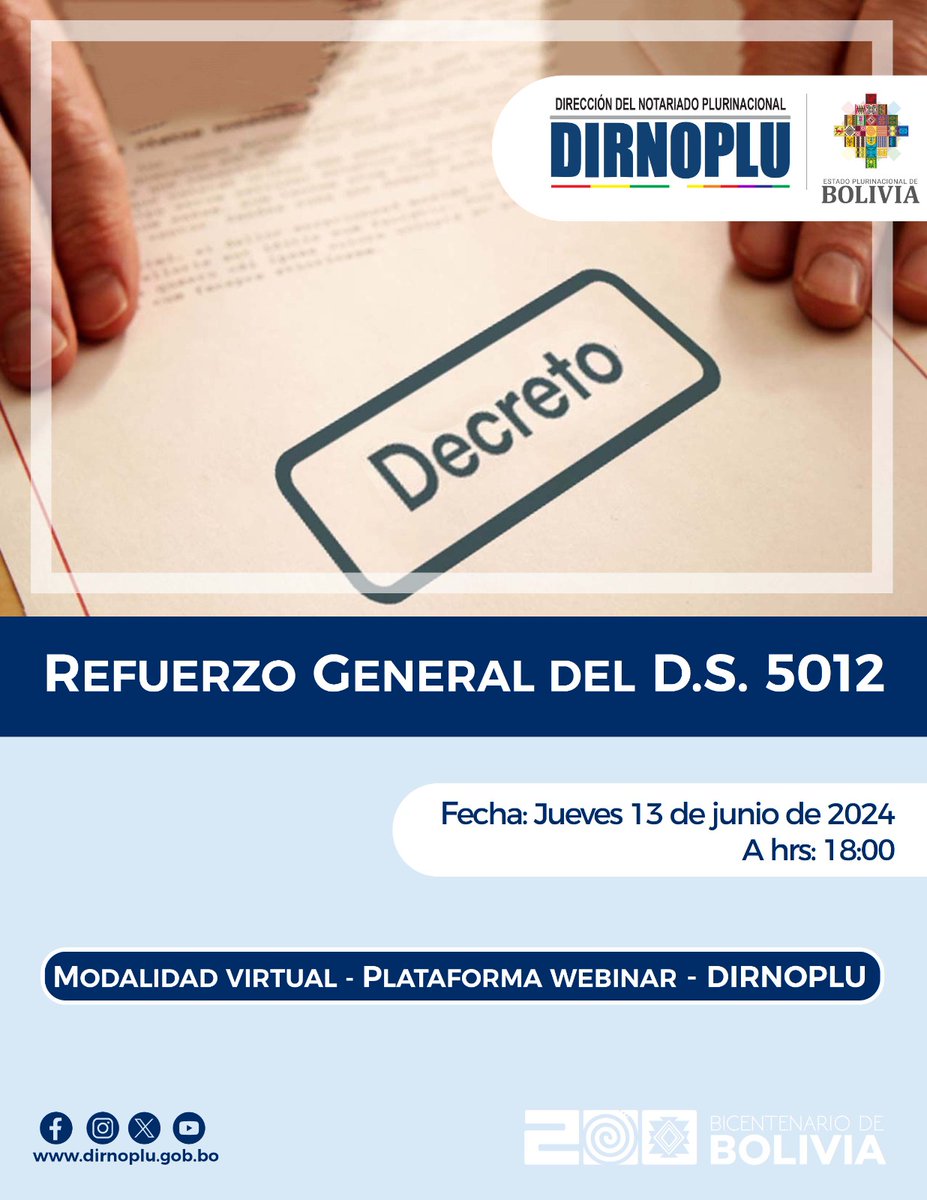 DirnopluB's tweet photo. 🔊Atención #Notarios
👉Capacitación Obligatoria
👉Refuerzo General del D.S. N° 5012
🗓️Fecha: 13 de junio de 2024
⏰Hora: 18:00
💻Modalidad Virtual – Plataforma Webinar #Dirnoplu https://t.co/yWhcPEmLMx