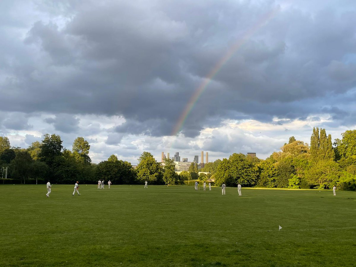 KRCSC's tweet image. Enjoyable evening game against the Dodgers at Battersea Park! The rainbow appeared to confirm  God's delight with Ali's decision to give Luke the next over. The new kit looked fantastic. Poppadom king got a wicket on ball 3, then saved himself for the curry. Typical.