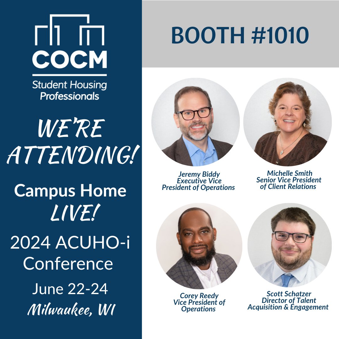 COCM_oncampus's tweet photo. COCM will be attending the 2024 Campus Home. LIVE! ACUHO-I Conference in Milwaukee, WI June 22-24! Stop by our booth to connect with our staff and learn more why COCM is ranked #1 in third-party management of on-campus communities!
#ACUHOI #CampusHomeLive24 #COCM #COCMCareers https://t.co/NItiLII0II