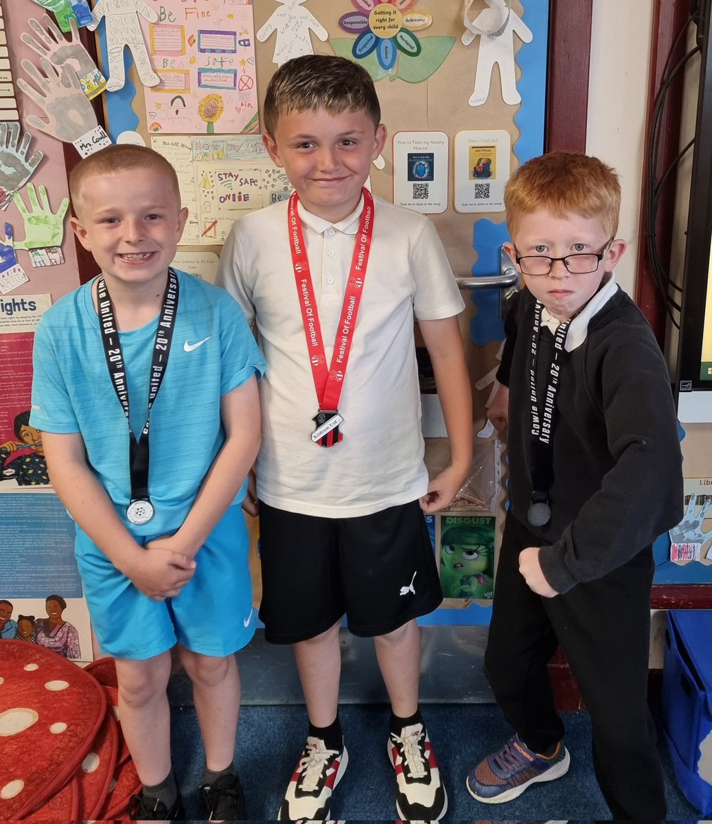 Well done to our Footballers who took part in Football Festivals at the weekend.  They came in sporting these impressive medals, we are all so proud of you 💛🖤⚽️ 
<a href="/DunipacePS/">Dunipace Primary</a>  
#DunipaceAchieve