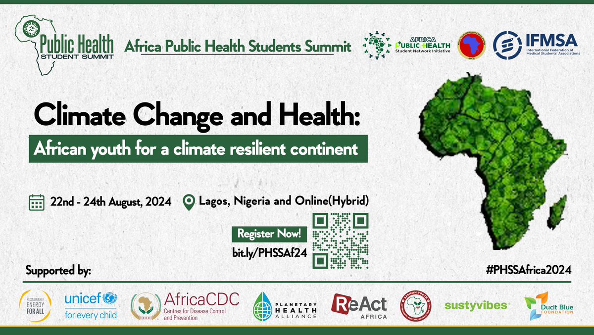 AfricaPHSN's tweet photo. We are excited to invite you to the hybrid summit #PHSSAfrica2024 co-organized by AfricaPHSN, IFMSA and AYICC. The theme “Climate Change and Health: African youth for a climate resilient continent” aims to explore the nexus between Climate Change and Health and ignite sustainable youth action to address health related climate change effects in African Communities.
🗓️Date: 22nd - 24th, 2024
📍Venue: Lagos, Nigeria and Online(Hybrid)
Register Now!
https://t.co/wKL6W7N8K5
Summit Tracks
• 🦠Climate Change and Infectious Diseases
• 🧠Climate Change and Mental Health
• 🍲Climate Change, Food Security, Clean Cooking and Nutrition
• 💊Climate Change and Antimicrobial Resistance
• ❄️Climate Change, Extreme Weather and Humanitarian Crisis
• 🏥Climate Resilient Health Systems
#ClimateChangeandHealth #PHSSAfrica2024 #SaveTheFutureNow
@PHSS_Africa @AYARA_TF @WHOAFRO