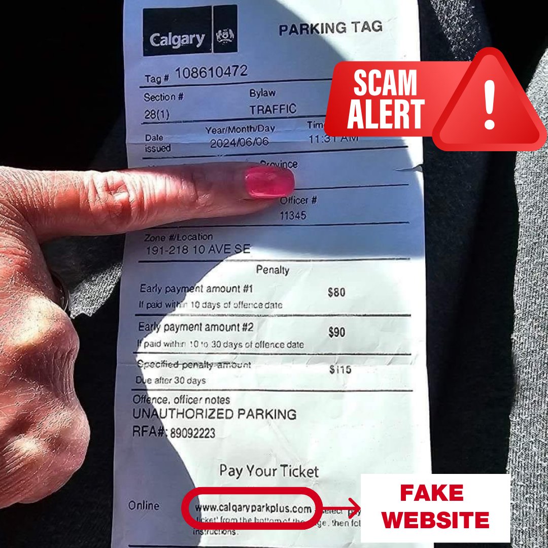 🚨SCAM ALERT🚨

There’s a new parking ticket scam we want to warn you about. Scammers are printing and placing fake parking tickets on vehicles, falsely claiming to be from Calgary Parking.