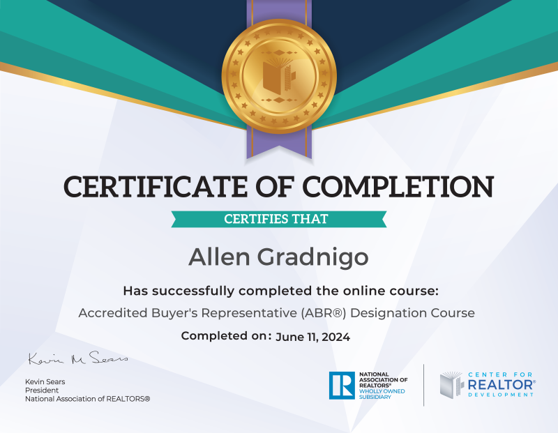 allengradnigo's tweet photo. I invested 30+ hours to complete the Accredited Buyer's Representative (ABR®) course by @nardotrealtor. If you or anyone you know is looking to buy, may I invite you to include me in your list of recommendations for qualified and experienced real estate professionals? Thank you! https://t.co/lLJKBlgJve