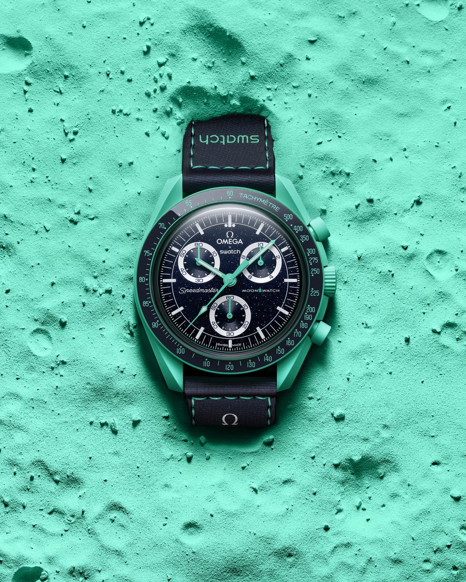 Swatch's tweet photo. MISSION ON EARTH – POLAR LIGHTS has a unique turquoise color which was designed specifically for the Bioceramic MoonSwatch Collection. Available as of June 15 in selected Swatch stores worldwide.
#MoonSwatch #OMEGAxSwatch #Swatch
https://t.co/lI51CERuzs https://t.co/KuvSrmJ6NX