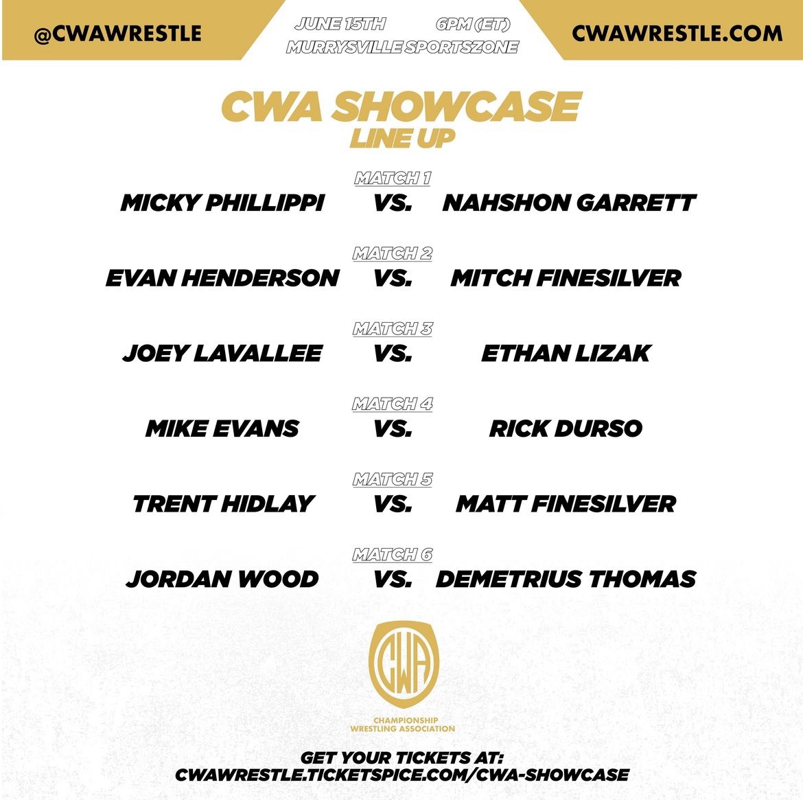 Looking to catch some high level wrestling this weekend with a twist? 

Check out the CWA Showcase this weekend on yes, PPV! Or better yet just make a short trip to see it in person. Check it out and follow their socials for updates, info

PPV Option -
cwawrestle.ticketspice.com/cwa-showcase-p…