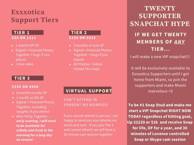 Exxxotica support tiers 🥰 Can&rsquo;t wait to see you guys in Miami! https://t.co/H4OkUvQY35