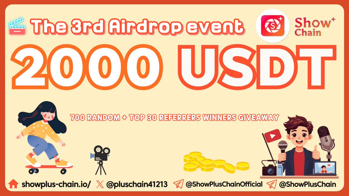 #ShowPlusChain is running a massive $ 2,000 USDT #airdrop campaign in  tokens!

Join our Gleam competition:
🔗 gleam.io/xZA6v/showplus…

Follow all the rules and tag your friends to join the airdrop campaign!

#Block_CK #Metaverse #Giveaway #web2 #web3 #USDT #BEP20 #SHC