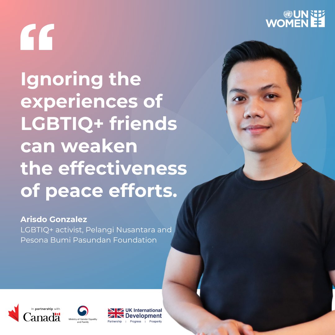 UN Women AsiaPacific (@unwomenasia) on Twitter photo "I felt #LGBTIQ+ friends can act as agents of change in advocating for their rights and their recognition in peace and security efforts," says Arisdo, LGBTIQ+ activist.
Full story 👉 unwo.men/f9Mk50Sbotc
#WPSASEAN <a href="/CanadaASEAN/">Canada-ASEAN</a> <a href="/mogef/">여성가족부</a> <a href="/FCDOGovUK/">Foreign, Commonwealth & Development Office</a> "I felt #LGBTIQ+ friends can act as agents of change in advocating for their rights and their recognition in peace and security efforts," says Arisdo, LGBTIQ+ activist.
Full story 👉 unwo.men/f9Mk50Sbotc
#WPSASEAN <a href="/CanadaASEAN/">Canada-ASEAN</a> <a href="/mogef/">여성가족부</a> <a href="/FCDOGovUK/">Foreign, Commonwealth & Development Office</a>