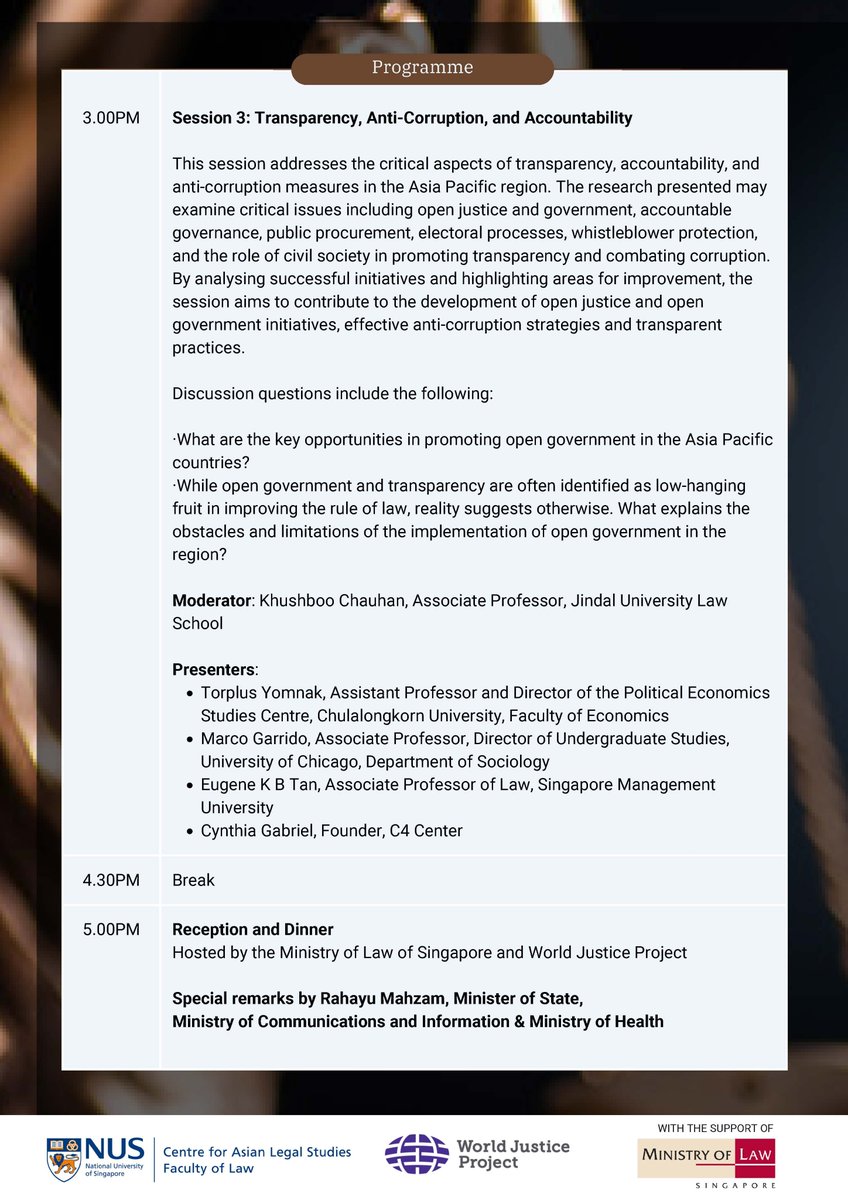 CALS_NUS's tweet photo. In collaboration with World Justice Project, supported by the Ministry of Law Singapore, CALS will be holding a research conference titled "Advancing the Rule of Law in Asia Pacific" on 28 June
Register here by 25 June : https://t.co/2EeVs3x8ZP
#CALSNUS #WorldJusticeProject https://t.co/oDFhkOtQuk