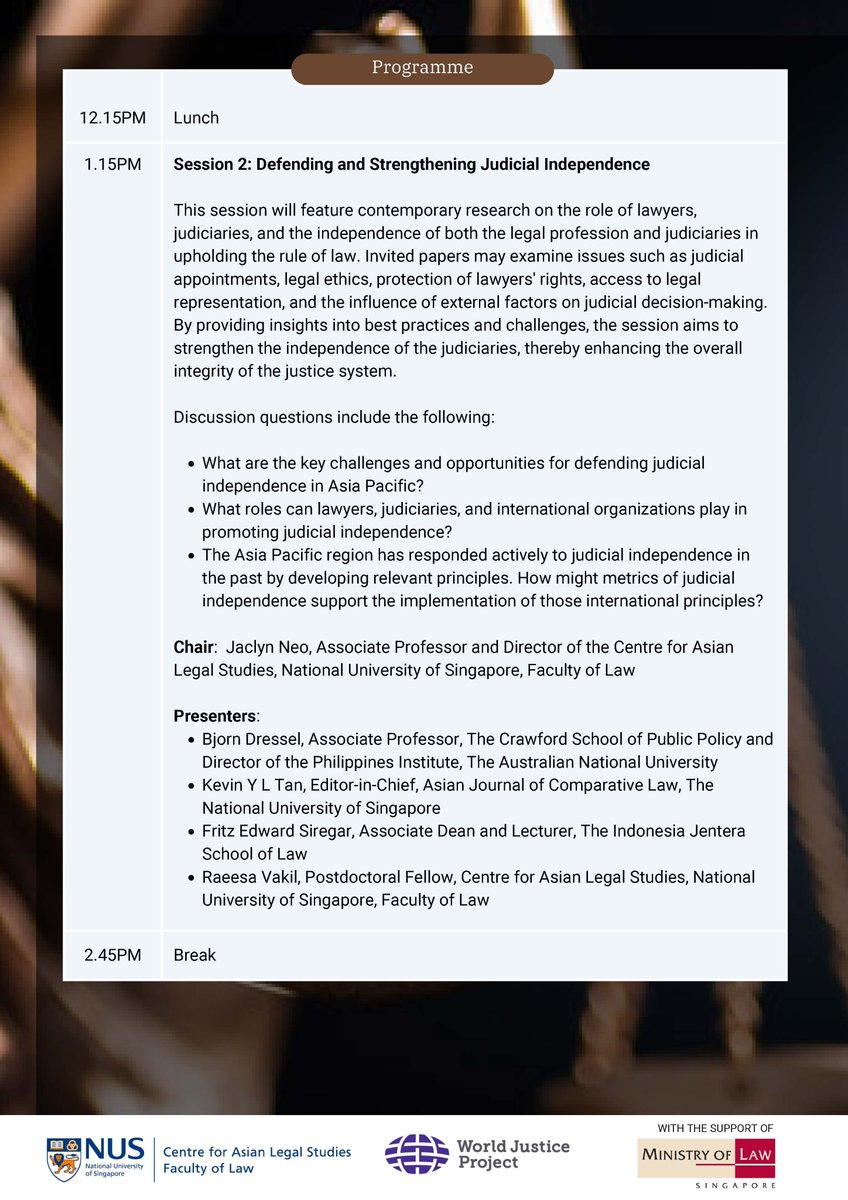 CALS_NUS's tweet photo. In collaboration with World Justice Project, supported by the Ministry of Law Singapore, CALS will be holding a research conference titled "Advancing the Rule of Law in Asia Pacific" on 28 June
Register here by 25 June : https://t.co/2EeVs3x8ZP
#CALSNUS #WorldJusticeProject https://t.co/oDFhkOtQuk