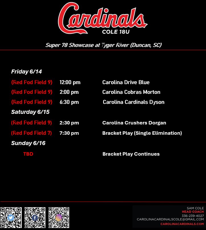 cardinals_cole's tweet photo. We’ll be down at the Super 78 Showcase at Tyger River this weekend. Come give us a look!! We have some available athletes and some big bats too!!! #gocards #RedPod https://t.co/av6inD9bfT