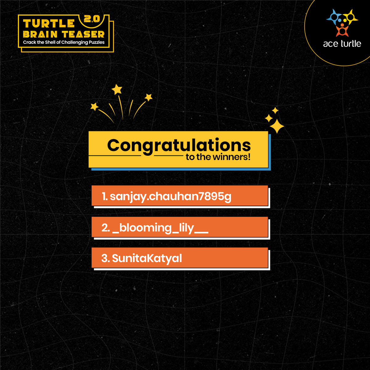 _AceTurtle's tweet photo. Hats off to @SunitaKatyal, Ananya and Sanjay Chauhang for correctly solving the riddles, and special kudos to @Ramprasad43, Mishank Shah and Varun Vasisht for finding the right path.

#TurtleBrainTeaser #WinnerAnnouncement #toysrusmerchandise #Leemerchandise https://t.co/UTJnhmYEtH