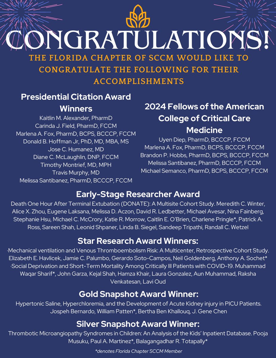 The Florida Chapter would like to congratulate the following people for their recognition and achievements at this years SCCM Congress! #SCCMSoMe #FLSCCM