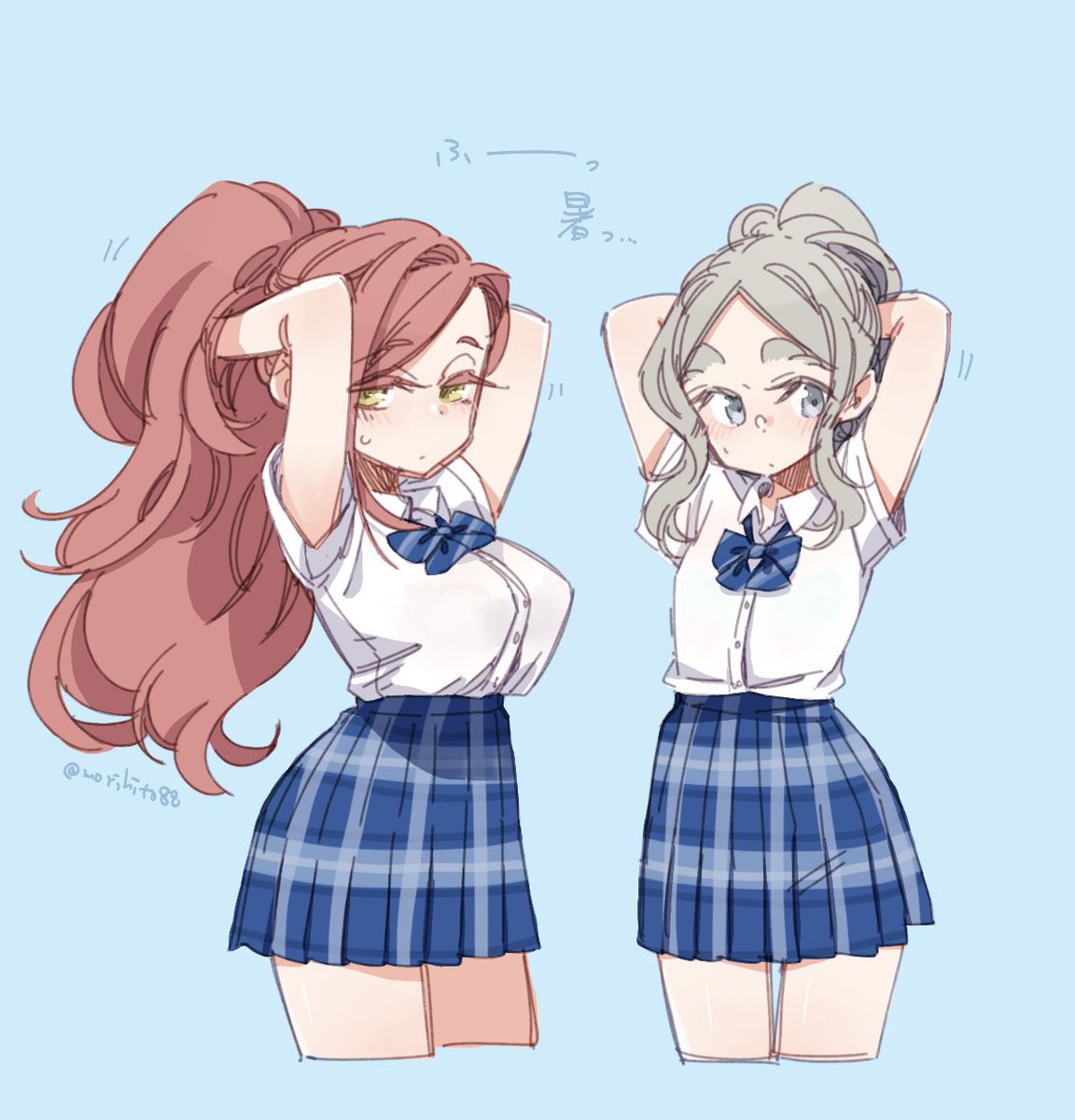 髪あつあつちびっこちゃんたち( ˘ω˘ )あと青色の制服って涼しげでいいなって #ちびっこちゃん朝活 