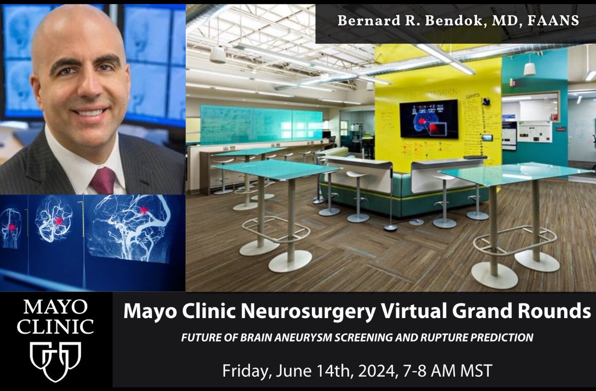 Bernard Bendok, MD (@bernardbendokmd) on Twitter photo Please join us this Friday at 7 AM MST for another exciting Mayo Clinic Neurosurgery and Neuroscience Virtual Grand Rounds on "The Future of Brain Aneurysm Screening and Rupture Prediction". mclive.zoom.us/webinar/regist… <a href="/MayoClinic/">Mayo Clinic</a> <a href="/MayoClinicNeuro/">Mayo Clinic Neuro</a> Please join us this Friday at 7 AM MST for another exciting Mayo Clinic Neurosurgery and Neuroscience Virtual Grand Rounds on "The Future of Brain Aneurysm Screening and Rupture Prediction". mclive.zoom.us/webinar/regist… <a href="/MayoClinic/">Mayo Clinic</a> <a href="/MayoClinicNeuro/">Mayo Clinic Neuro</a>