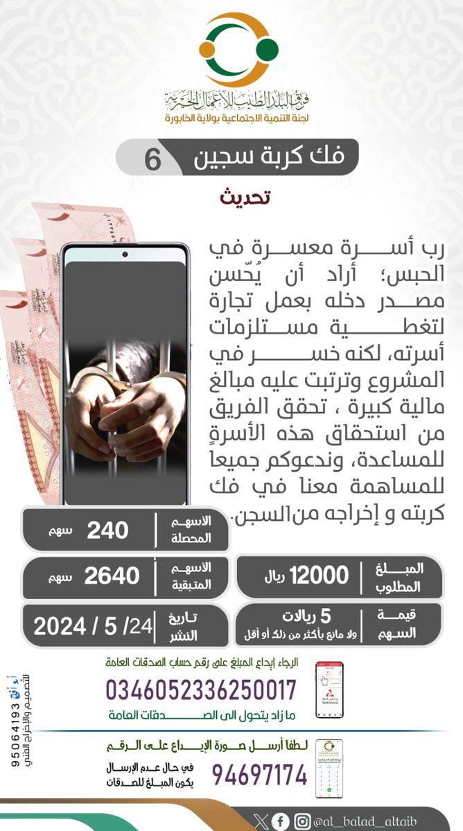 khalid_syiabi's tweet photo. تمر الأيام على الزوجة والأولاد تتقطع قلوبهم شوقاً لرب أسرتهم ..
أنه رجل سعى واجتهد لزيادة دخله فأحاطت به الديون فشكّلت قيداً رمى به في غياهب السجون ..
ولنا بتعاوننا قدرة في إعانته - بتوفيق الله - لنكون سببا في الجمع بينه وبين أهله وولده ..
فهل تفرح الزوجة بزوجها والأطفال بأبيهم خلال أيام العيد ؟

هذه حالةٌ أعرفها شخصياً ..
وبيانات الموضوع ورقم الحساب للصدقة في المنشور أدناه ..

لمزيد من الاستفسار عبر رقم الهاتف
94697174