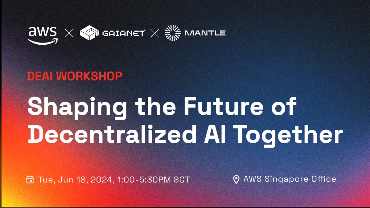 Gaianet_AI's tweet photo. 🌟 Exciting News! Join us for an exciting event on June 18th with @AWSCloud &amp; @Mantle on the future of #DecentralizedAI! 

⏰ Register now to secure your spot: https://t.co/rTJWzpAQFR https://t.co/x7A6w9ctQz