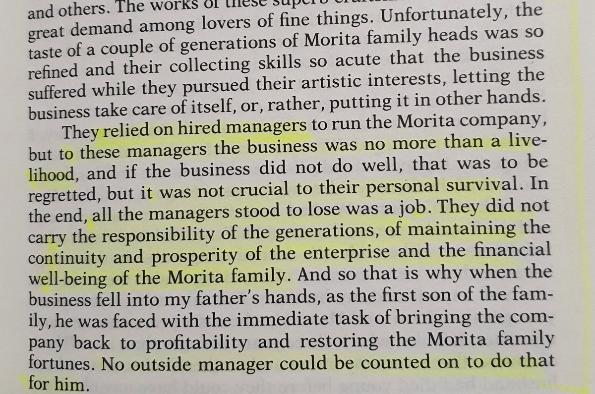 "To these managers the business was no more than a livelihood... all the managers stood to lose was a job... they did not carry the responsibility of the generations, of maintaining the continuity and prosperity of the enterprise"
