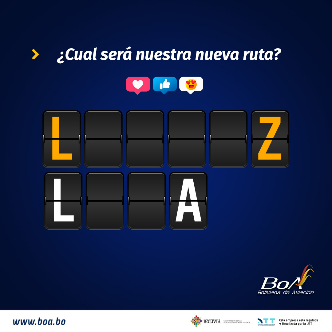 BoABolivia's tweet photo. ✈️🌟 ¡Estamos a punto de revelar algo emocionante!

¿Puedes adivinar cuál será nuestra nueva ruta?

#NuevaRutaBoA #ViajaConBoA #LimaLaPaz #Lima #LaPaz https://t.co/V2JkZdaSi2