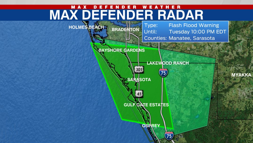 JustinMosely's tweet image. A Flash Flood Warning is now in place for #Sarasota &amp;amp; #Manatee Counties. Max Defender Radar continues to track very heavy rain impacting the #Suncoast. Flooding of many area roadways is occuring. Remember not to drive through water of unknown depth. #Bradenton #SRQ