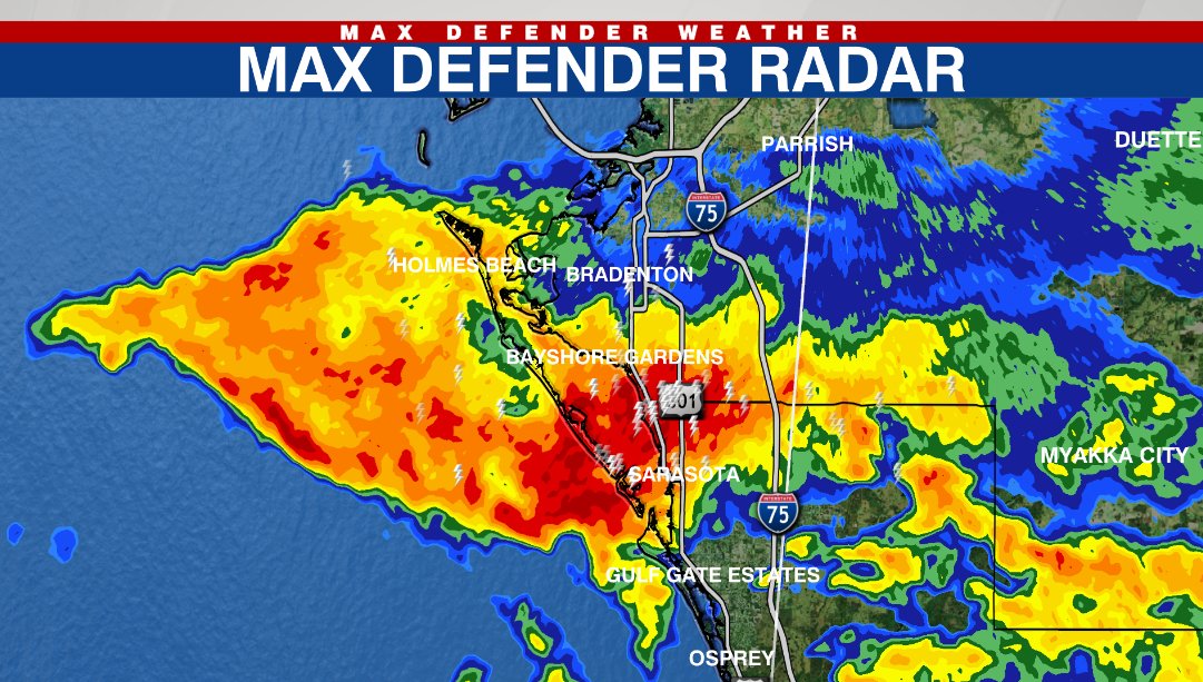JustinMosely's tweet image. A Flash Flood Warning is now in place for #Sarasota &amp;amp; #Manatee Counties. Max Defender Radar continues to track very heavy rain impacting the #Suncoast. Flooding of many area roadways is occuring. Remember not to drive through water of unknown depth. #Bradenton #SRQ