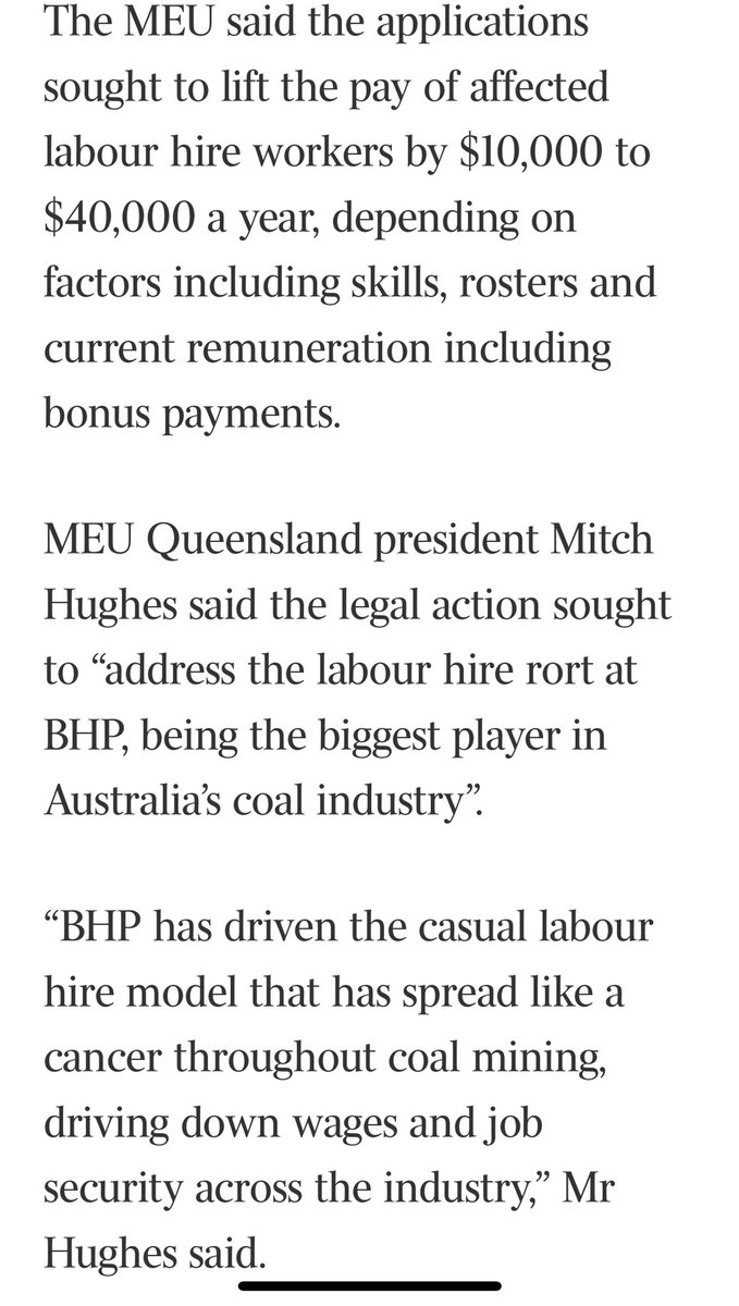 Ewin Hannan (@ewinhannan) on Twitter photo .<a href="/MEUAustralia/">Mining & Energy Union Australia</a> has launched legal action against BHP, seeking to use Labor’s same job same pay laws to lift the pay of 1700 labour hire workers by $10,000 to $40,000 a year. <a href="/australian/">The Australian</a> theaustralian.com.au/business/tradi… .<a href="/MEUAustralia/">Mining & Energy Union Australia</a> has launched legal action against BHP, seeking to use Labor’s same job same pay laws to lift the pay of 1700 labour hire workers by $10,000 to $40,000 a year. <a href="/australian/">The Australian</a> theaustralian.com.au/business/tradi…