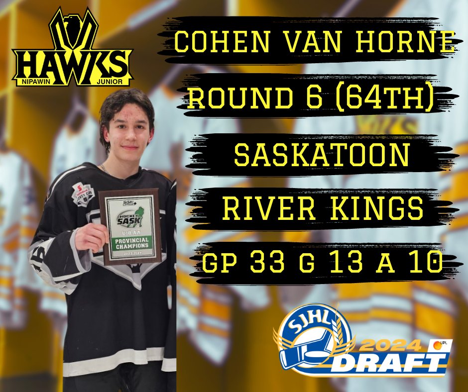 SJHL_Hawks's tweet photo. In round six, at 64th overall we selected Cohen Van Horne from the River Kings in Saskatoon. https://t.co/ao6DFMpZUG
