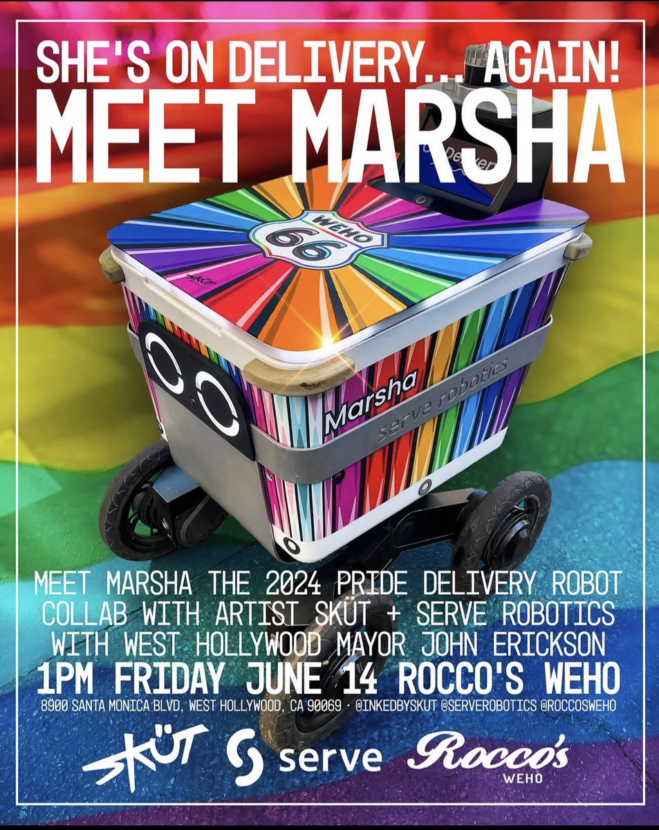 🤖🌈 Meet Marsha the <a href="/ServeRobotics/">Serve Robotics</a> food delivery robot, decked out in Pride colors designed by <a href="/inkedbyskut/">Sküt</a> at a launch event w <a href="/WeHoCity/">City of West Hollywood</a> Mayor <a href="/JohnEricksonWH/">John Erickson</a> on Friday June 14, 1p at Rocco's WeHo.

Marsha is named after Marsha Johnson, a rights advocate during Stonewall '69.
