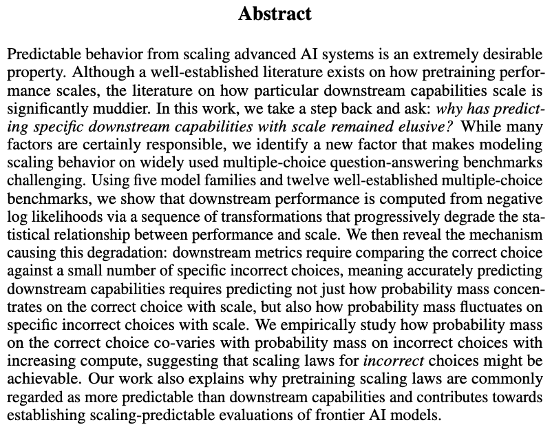 topofmlsafety's tweet photo. Why Has Predicting Downstream Capabilities of Frontier AI Models with Scale Remained Elusive?

Argues that the multiple-choice format of many benchmarks confounds the otherwise-smooth relationship between scale and downstream performance.

https://t.co/RRuPNmzvt3 https://t.co/VcAgqmKvVH