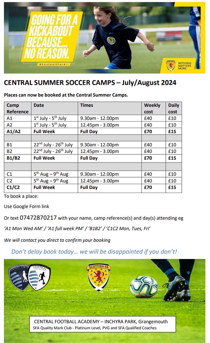 Summer Soccer Camps ‘24
Time to get yourselves organised for the summer holidays, this year we are running for 3 weeks with 1/2 &amp; full day options. How to book is on the flyer, don’t delay sign up today, we’ll be disappointed if you don’t!