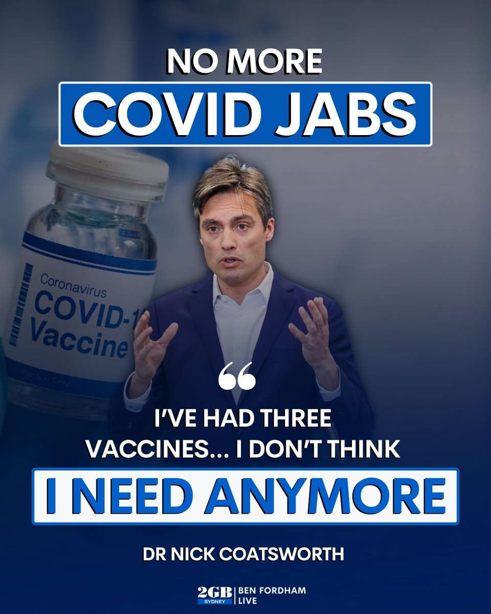 BenFordhamLive's tweet photo. Dr Nick Coatsworth was Australia’s Deputy Chief Health Officer
He says he’s NOT getting any more COVID vaccines.
The doctor says “I don’t think I need anymore and the science tells me I don't”.
Listen to Dr Nick Coatsworth HERE.
🎧https://t.co/OptcJJHDgV🎧 https://t.co/HJBAboZd1g
